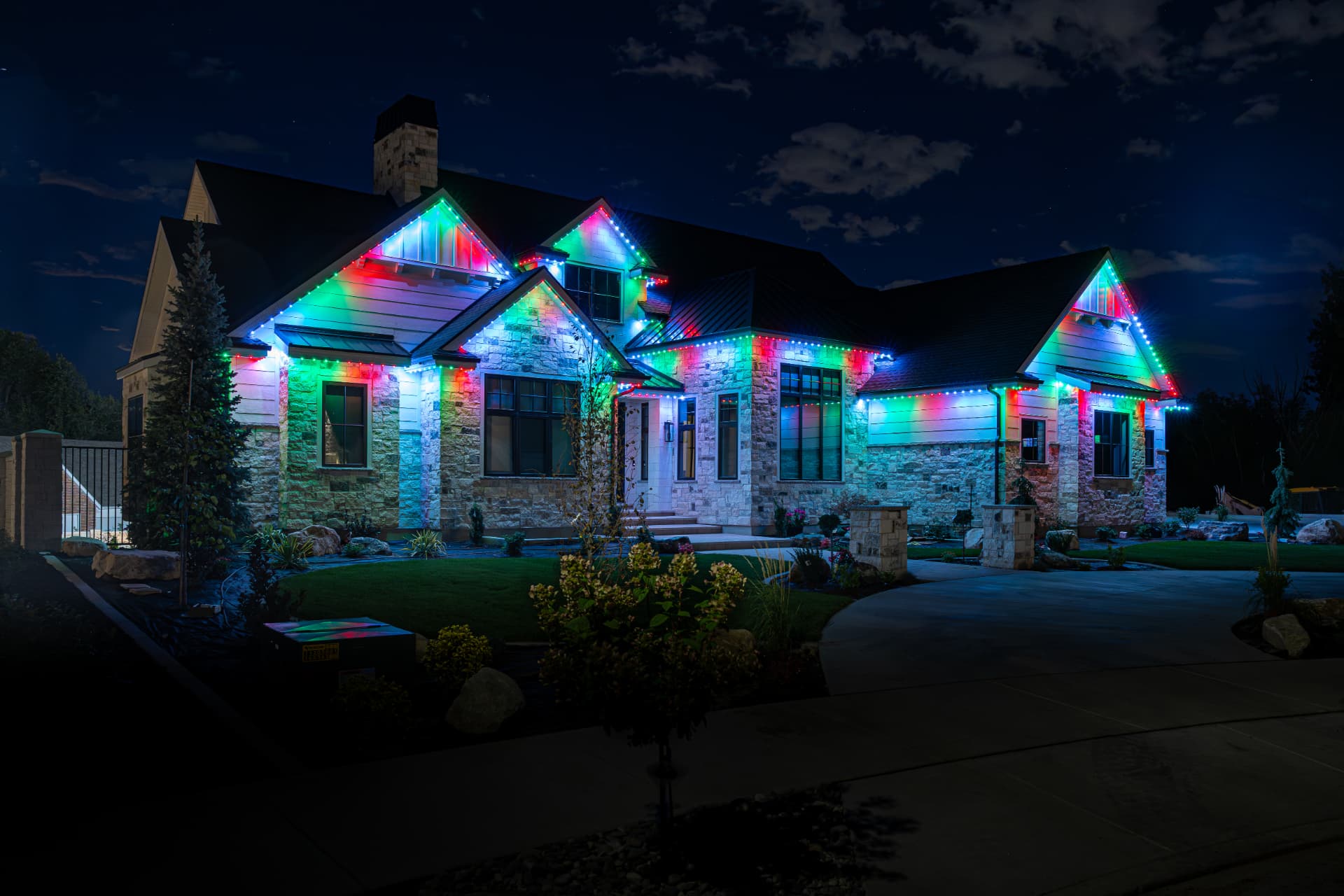 Holiday color display on a Trimlight-lit home in Eastern Washington