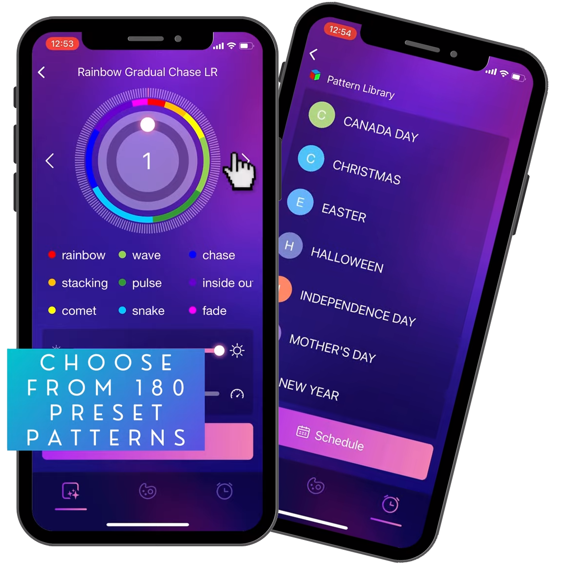 Trimlight smart app showing pattern library and color controls