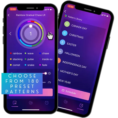 Trimlight smart app showing pattern library and color controls